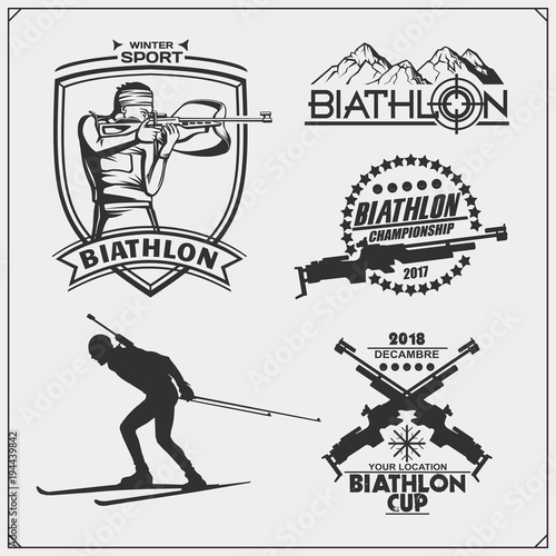 Set of biathlon emblems. Winter sport illustrations.