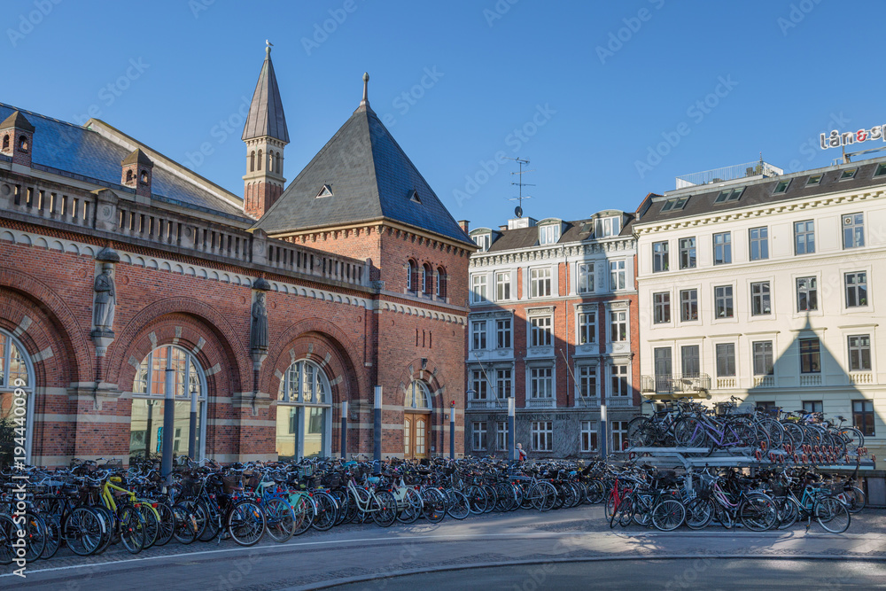 Copenhagen, Denmark - April 30, 2017: One and two level bicycle parking lot with bicycles at the central railway station