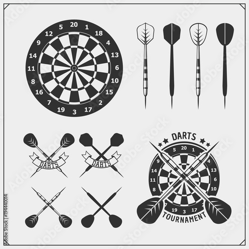 Set of Darts club or sport competition emblems, labels and design elements. photo
