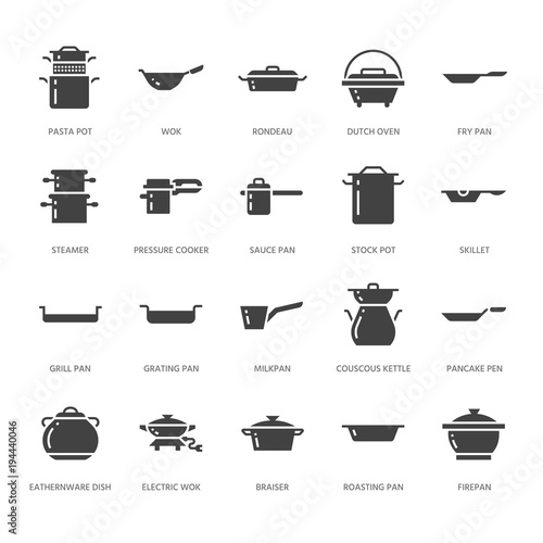 Pot, pan and steamer glyph icons. Restaurant professional equipment signs. Kitchen utensil - wok, saucepan, eathernware dish. Silhouette signs for commercial cooking store. Pixel perfect 64x64.