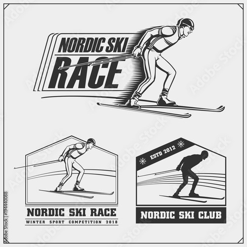 Set of ski emblems with athletes. Winter sport. 