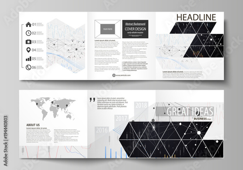 Business templates for tri fold square design brochures. Leaflet cover, vector layout. Abstract infographic background in minimalist style made from lines, symbols, charts, other elements.