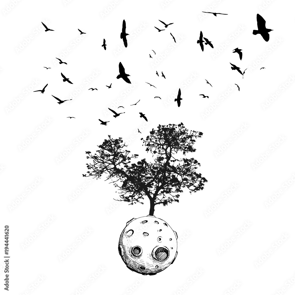birds silhouette fly on tree silhouette and tree born on the moon. line art  illustration vector hand drawing. tattoo design. black graphic concept.  animal and nature. Stock Vector | Adobe Stock