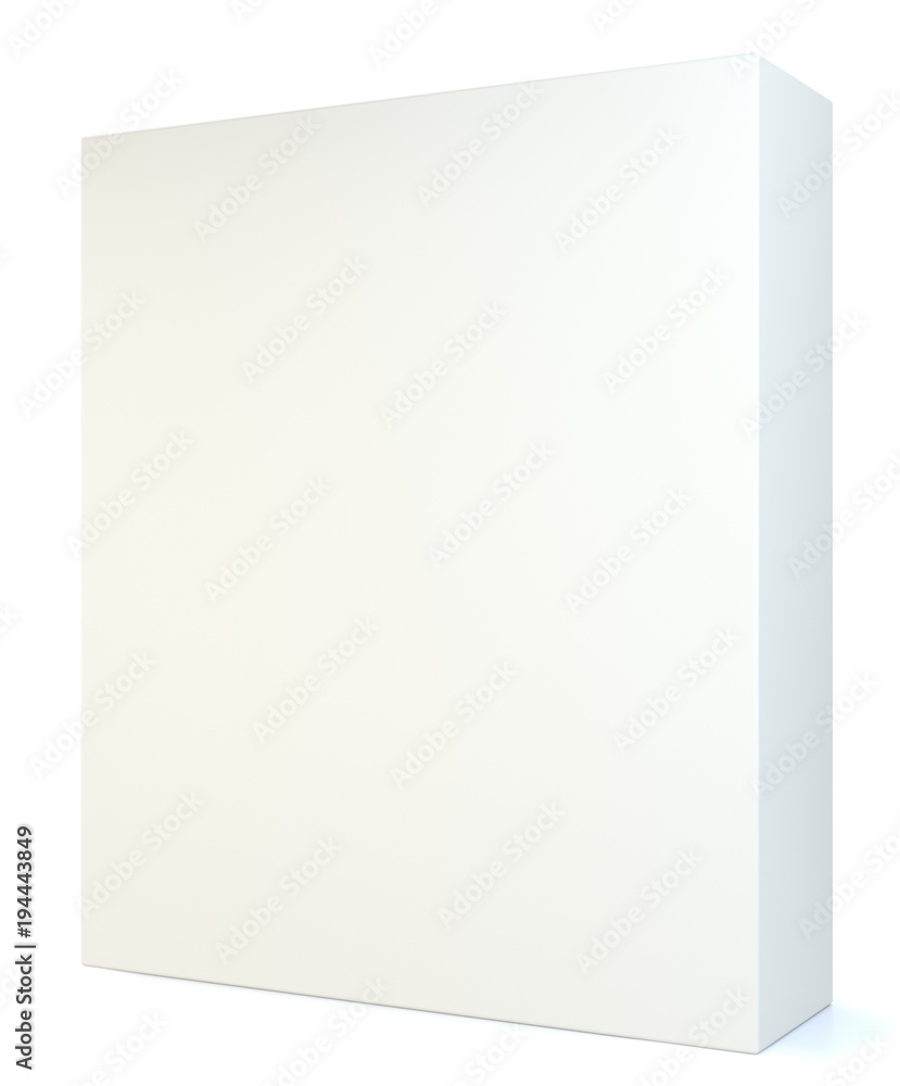 White cube blank box from top front far side angle. 3D illustration on studio background. Isolated on white background.
