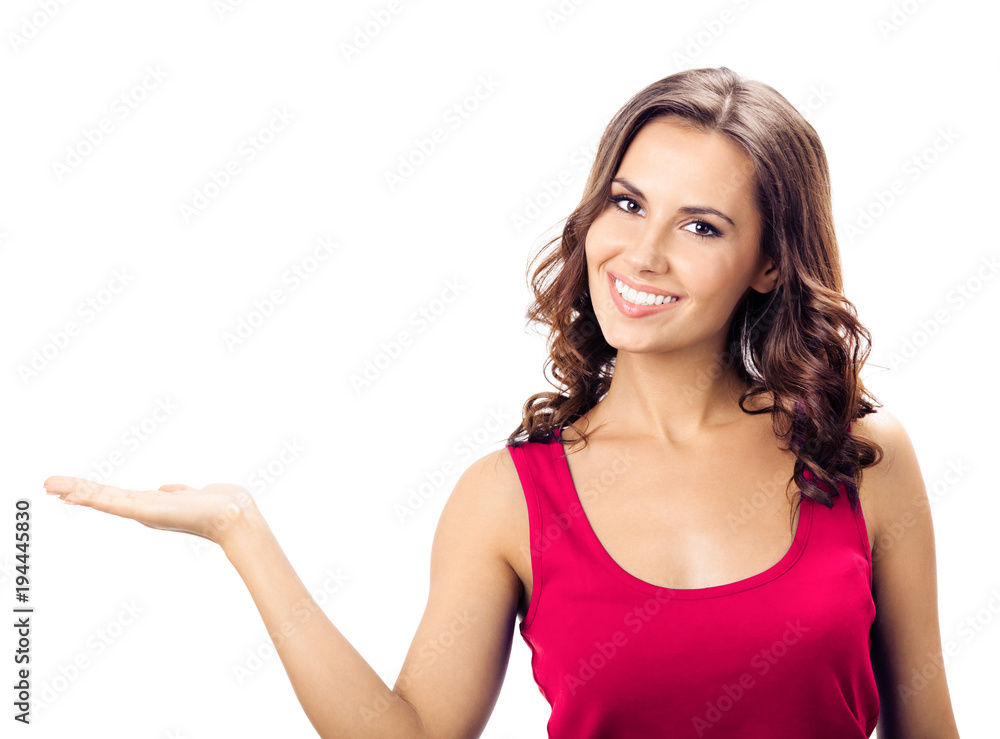 Beautiful young woman showing, over white Beautiful young woman showing, over white