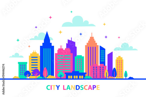 City landscape. Silhouettes of buildings with neon glow and vivid colors. City landscape template. Flat style illustration in neon vivid colors. Cityscape background  Urban life.