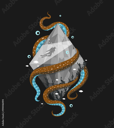 Diver silhouette in the crystal with octopus on black background. Vector illustration.