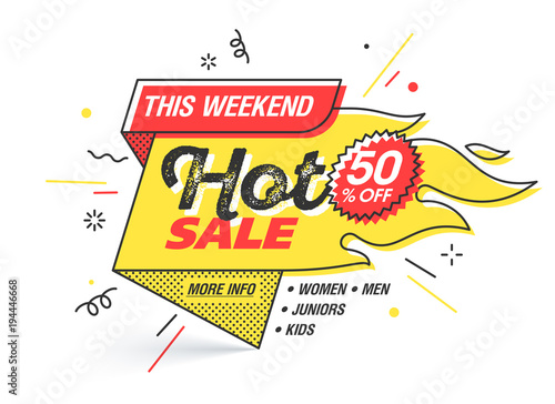 Hot sale, weekend special offer banner template in flat trendy memphis geometric style, retro 80s - 90s paper style poster, placard, web banner designs