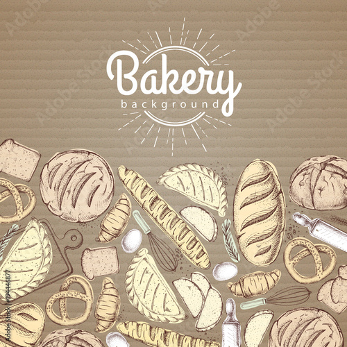 Bakery background. Top view of bakery products on cardboard background