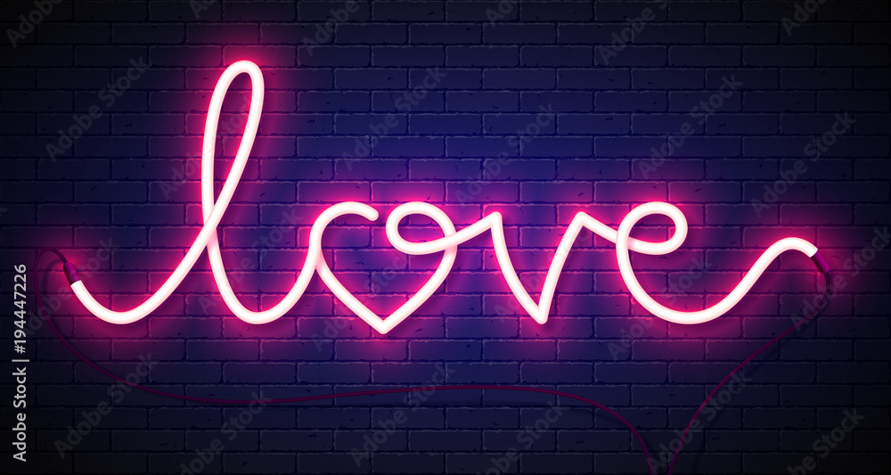 Word Love neon sign on brick wall background. Valentine's Day greeting card, poster, flyer or banner design element