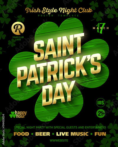 St. Patrick's Day party poster design template, 17 March nightclub invitation with gold shining lettering on wooden green clover