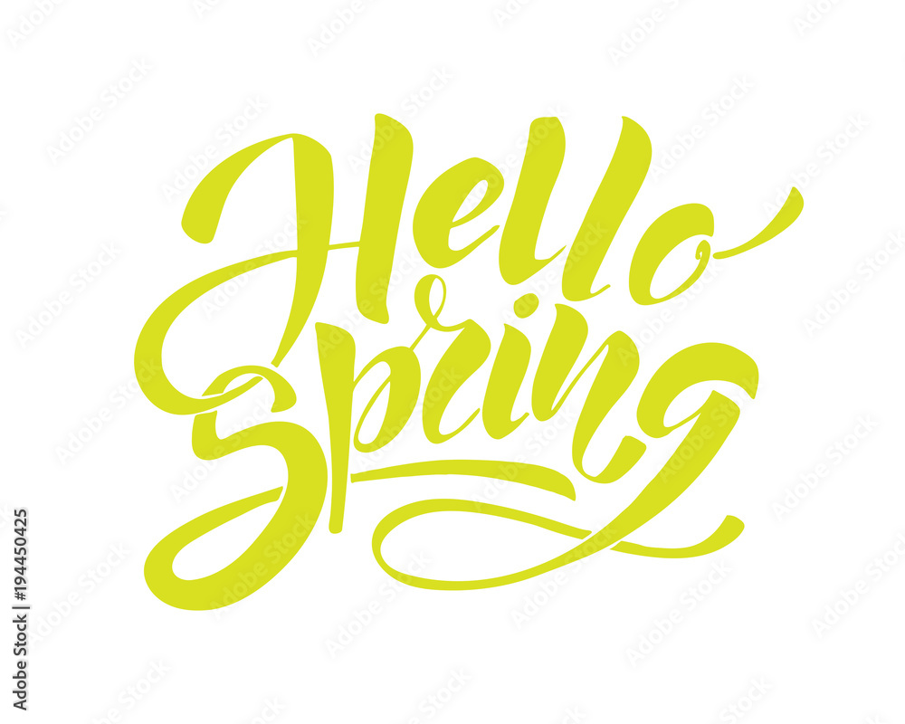 Obraz premium Hello Spring. Hand drawn calligraphy and brush pen lettering. design for holiday greeting card and invitation of seasonal spring holiday.