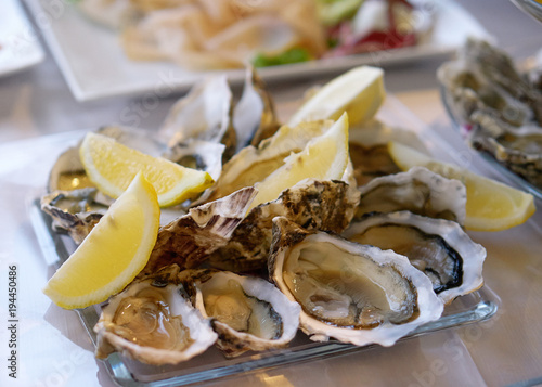 Fresh oysters in a plate with lemon