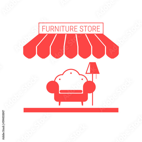 Furniture Store, Home Furnishings Shop Single Flat Vector Icon. Striped Awning and Signboard