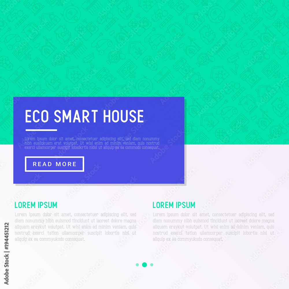 Eco smart house concept with thin line icons: solar battery, security, light settings, appliances, artificial intelligence, mobile app control. Energy saving and new technologies vector illustration.