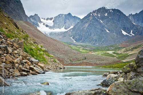 Beautifull view to mountains and clear lake