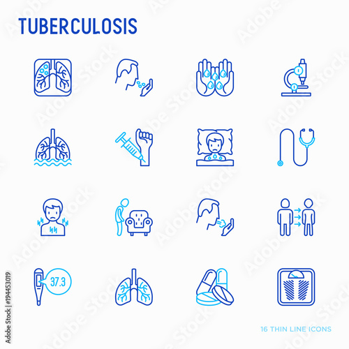 Tuberculosis thin line icons set: infection in lungs, x-ray image, dry cough, pain in chest and shoulders, Mantoux test, weight loss. Modern vector illustration.