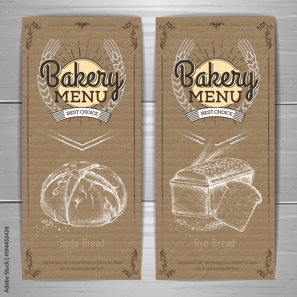 Vintage bakery menu design on cardboard background. Restaurant menu