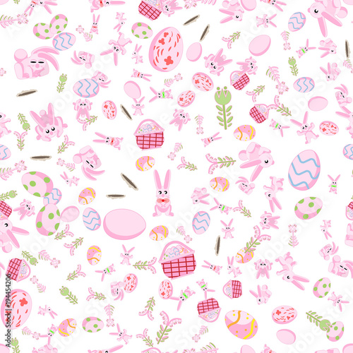 pattern of pink rabbits flowers and Easter eggs white background