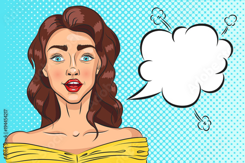 Pop art surprised woman face with open mouth and speech bubble. Vector  background in pop art retro comic style.