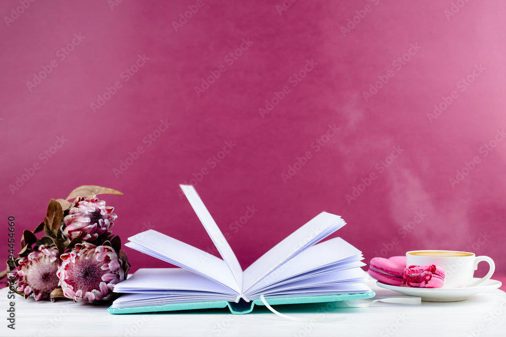 Close notebook, cup of coffee and tulips on pink background with copyspace.  Concept of planning day, wishes, thoughts and future goals Stock Photo |  Adobe Stock