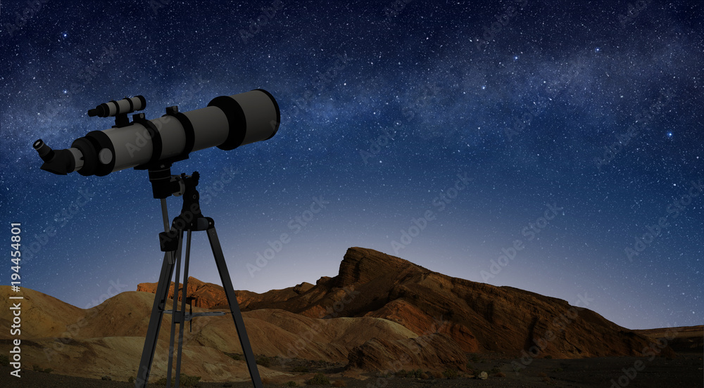 Obraz premium telescope on a tripod pointing at starry night sky