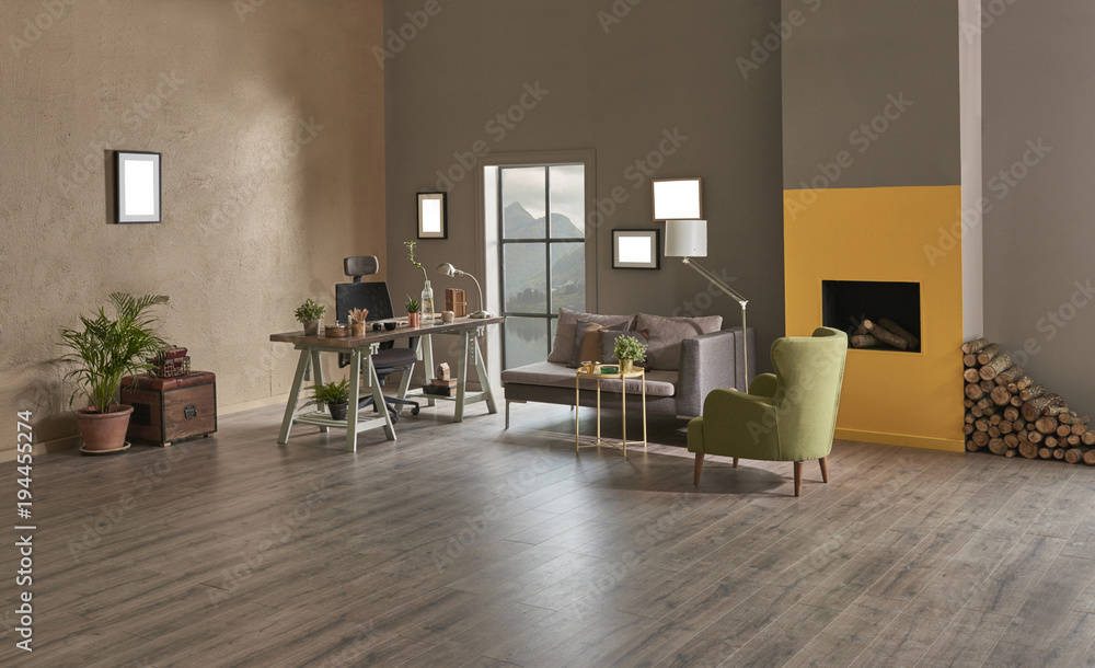 Fototapeta premium Home office working space. wooden table with brown wall.