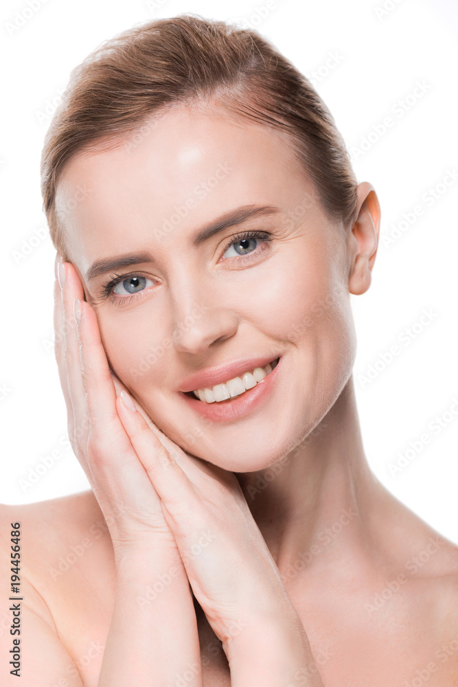 Portrait of female with clean skin touching own face isolated on white Portrait of female with clean skin touching own face isolated on white