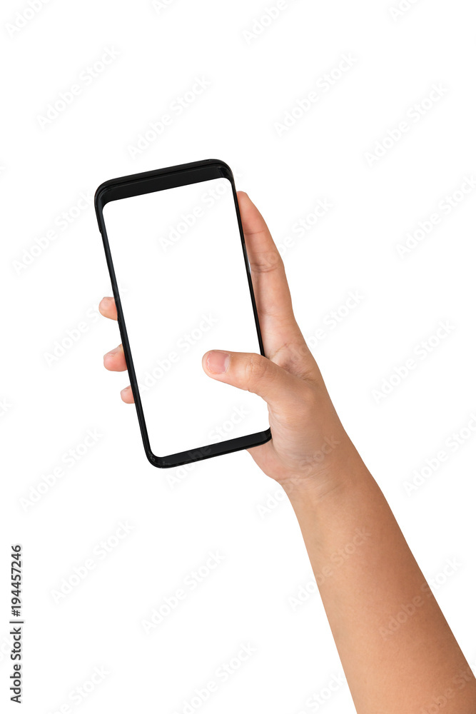 Hand holding cell phone blank on white screen and white background , Clipping path hand holding