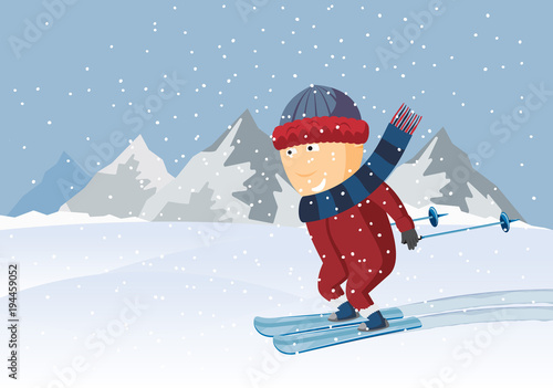 Skiing holiday in the mountains. Recreation. Cartoon funny vector illustration.