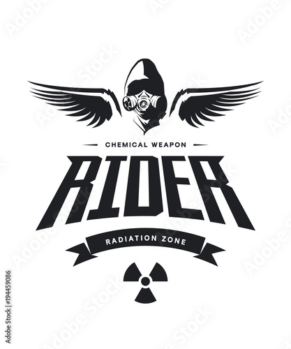 Vintage toxic rider in gas mask vector logo isolated on white background.