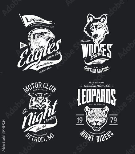 Vintage leopard, wolf, eagle and owl bikers club t-shirt vector isolated logo set
