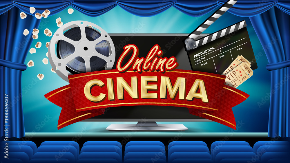 Online Cinema Banner Vector. Realistic Computer Monitor. Movie