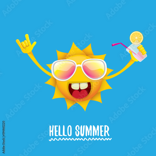 hello summer rock n roll vector label or logo. summer cocktail party poster background with funky smiling sun character