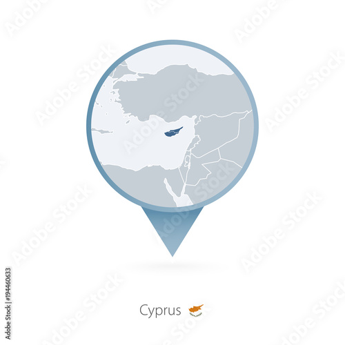 Map pin with detailed map of Cyprus and neighboring countries.