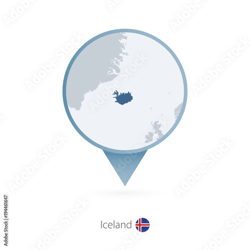Map pin with detailed map of Iceland and neighboring countries.