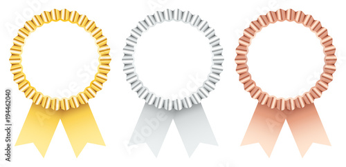 3 Award Badges Golden/Silver/Bronze Ribbon