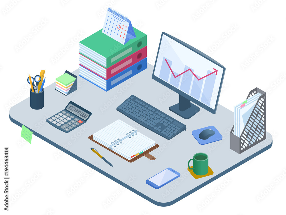 Flat isometric illustration of office workplace. Desk with electronic equipment, supplies and stationery: computer monitor, smart phone, calculator, opened personal planner. Vector business concept. Flat isometric illustration of office workplace. Desk with electronic equipment, supplies and stationery: computer monitor, smart phone, calculator, opened personal planner. Vector business concept.