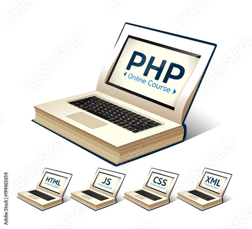 Programming language concept - PHP, CSS, XML, HTML, Javascript learning - book as laptop