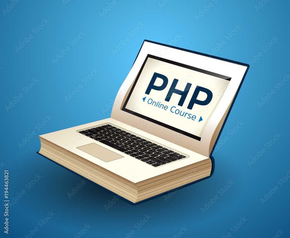 Programming language concept - PHP, CSS, XML, HTML, Javascript learning - book as laptop Programming language concept - PHP, CSS, XML, HTML, Javascript learning - book as laptop