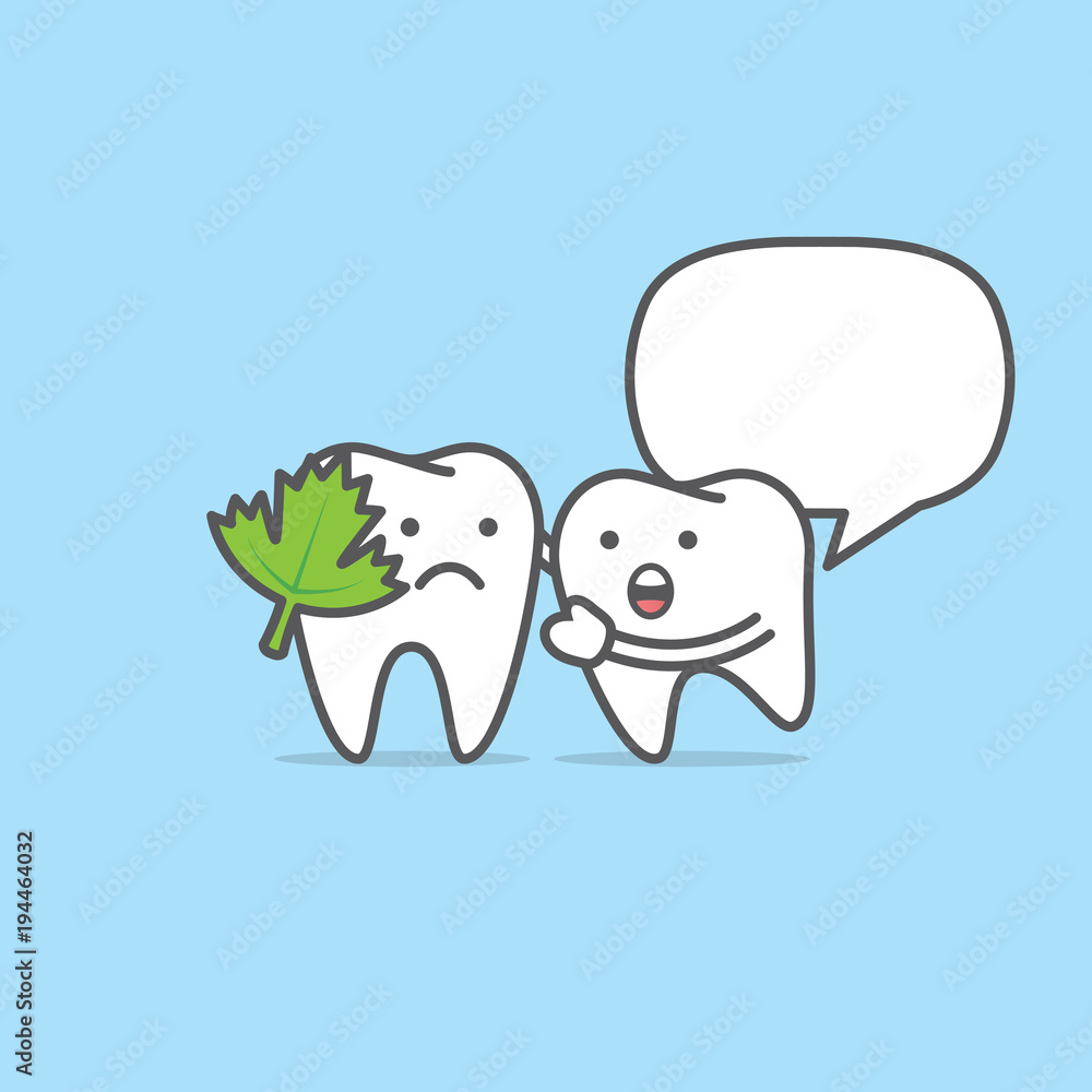 Tooth character with vegetable stuck illustration vector on blue background. Dental concept. Tooth character with vegetable stuck illustration vector on blue background. Dental concept.