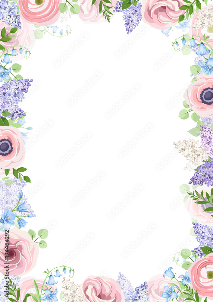 Vector background frame with pink, blue and purple flowers. Stock