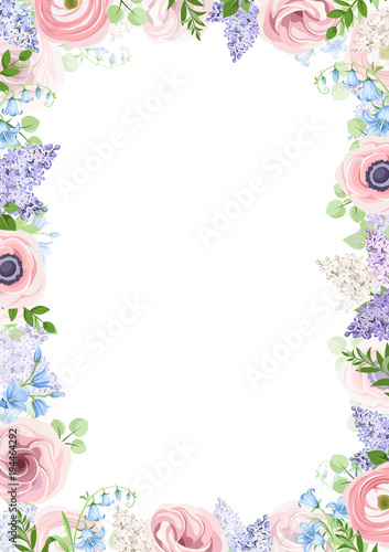 Vector background frame with pink, blue and purple flowers.