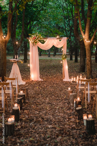 wedding arch in the forest with light bulbs. rustic decor