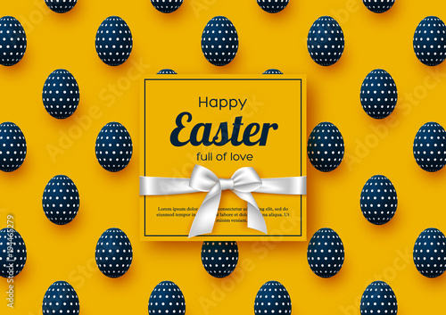 Easter holiday greeting card with realistic eggs. Vector illustration.