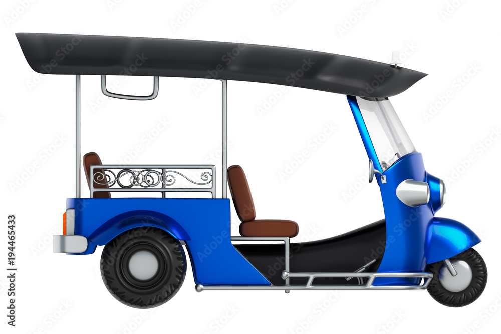3d rendering side views isometric cartoon style of Tuk Tuk, Thai traditional taxi for public transportation, isolated on white background with clipping paths.