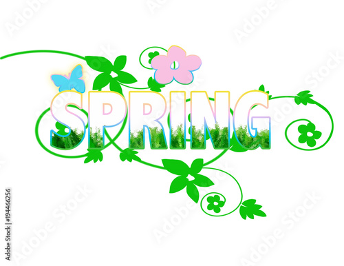 White and green Spring text with grass, leaves, flowers and butterflies