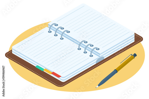Flat isometric illustration of opened planner. Business workplace personal accessory, supply isolated on white background. Office desktop vector concept: agenda with leather cover and ring binder.