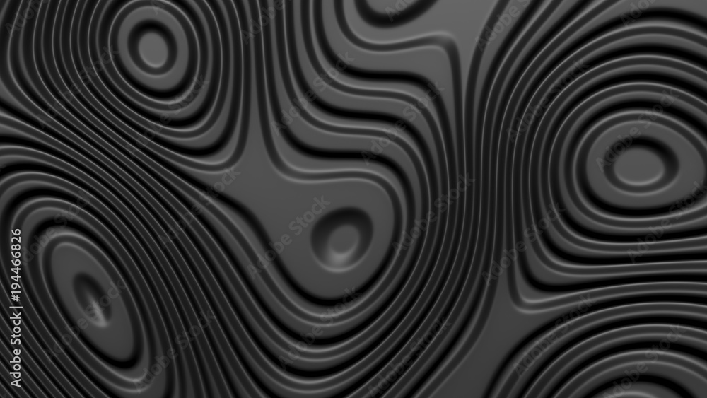 Stylish black colored background with flowing lines. Abstract topographic map contour background. Black stripe pattern background. Smoothly illuminated plastic texture, 3d render illustration. Stylish black colored background with flowing lines. Abstract topographic map contour background. Black stripe pattern background. Smoothly illuminated plastic texture, 3d render illustration.