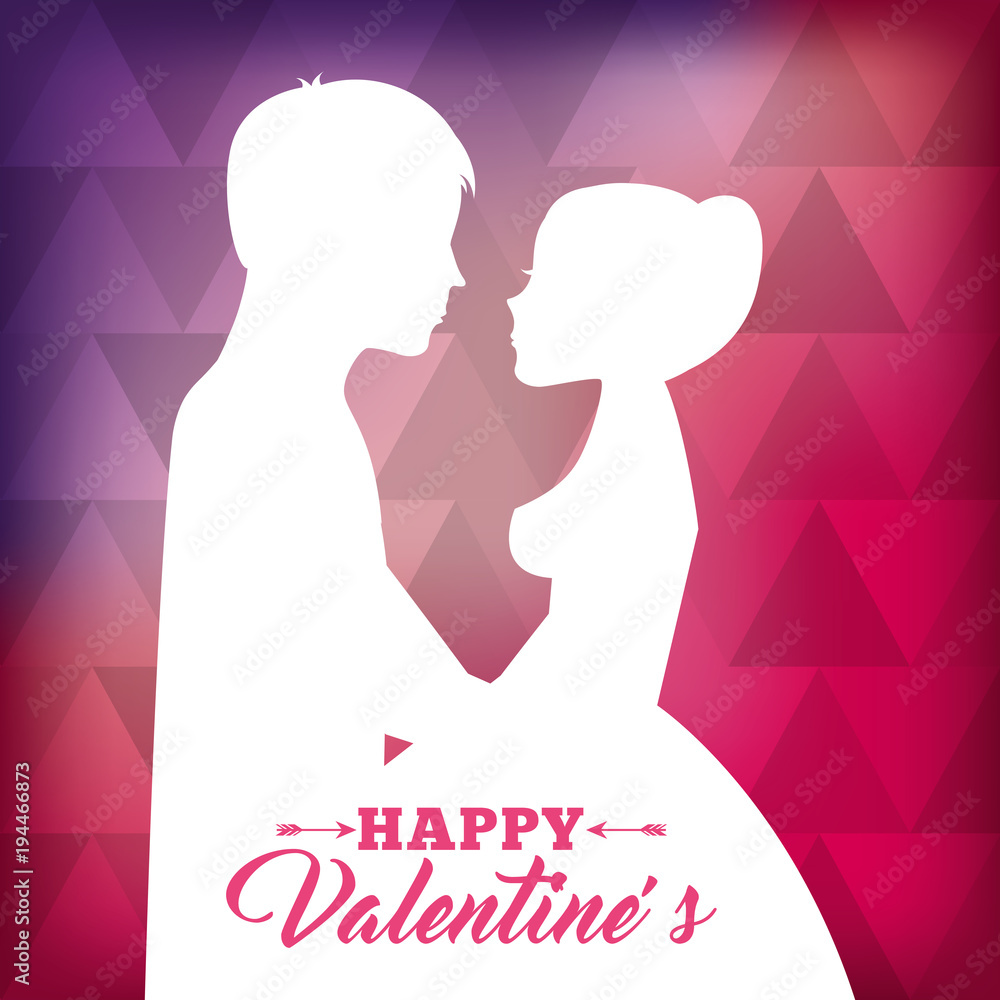 white silhouette of couple love together with pink abstract background happy valentines vector illustration